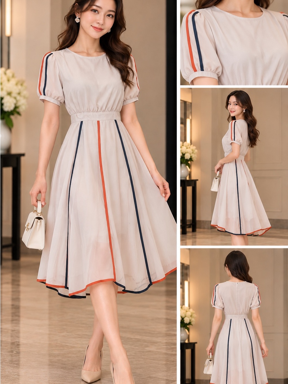 Elegant Cream Midi Dress with Navy & Coral Trim